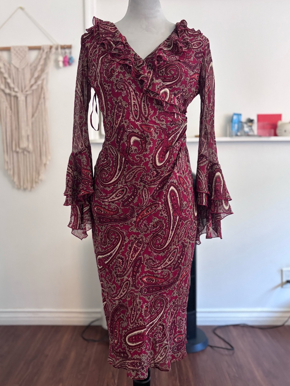Express Burgundy Paisley Ruffle Wrap-Style Midi Dress